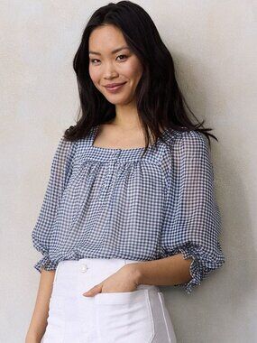 LC LAUREN CONRAD Women’s 3/4 Length Sleeve Henley Peasant Blouse Size L In Navy